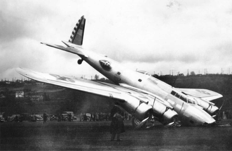 A crashed bomber with a crushed nosecone